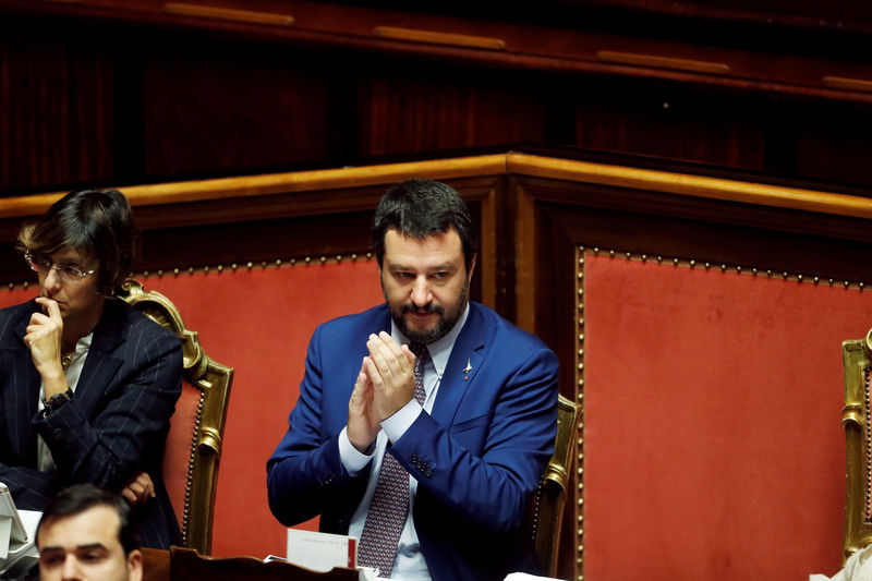 © Reuters. Interior Minister Matteo Salvini gestures before a confidence vote in the upper house Senate in Rome