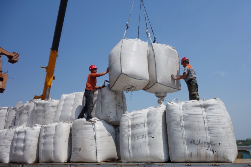 © Reuters. Workers unload sacks of soybeans imported from Russia at Heihe port in Heilongjiang