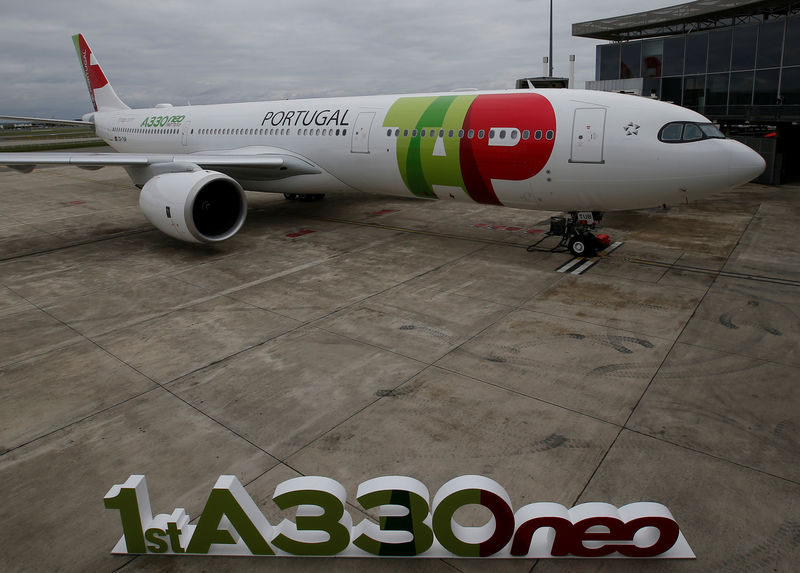 © Reuters. The first A330neo commercial passenger aircraft for TAP Air Portugal airline is seen at the Airbus delivery center in Colomiers near Toulouse