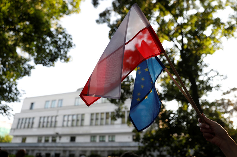 © Reuters. Флаги Польши и ЕС на фоне здания Сената в Варшаве