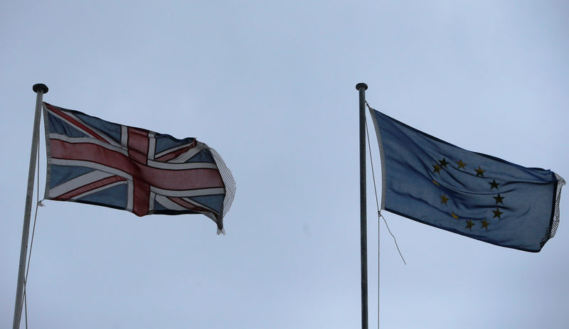 © Reuters. FILE PHOTO: The Union Jack and the European Union flag are seen flying in the British overseas territory of Gibraltar, historically claimed by Spain