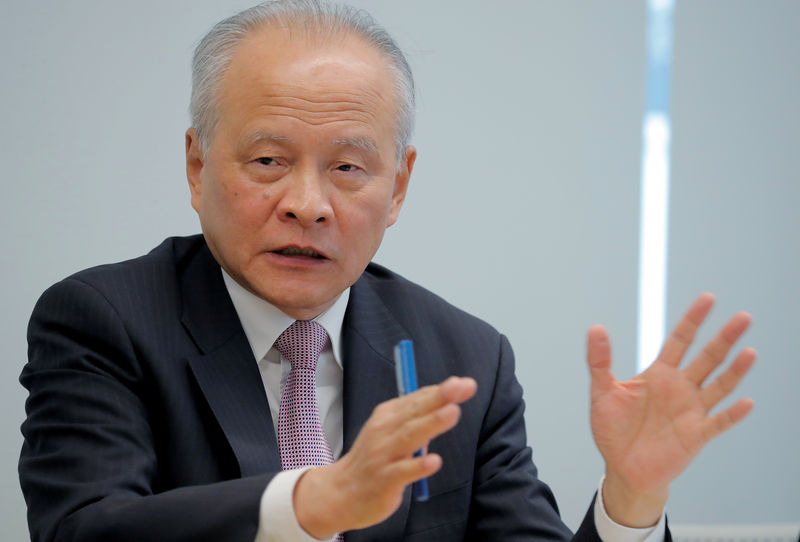 © Reuters. China's ambassador to the United States Cui Tiankai answers reporters questions during an interview with Reuters in Washington