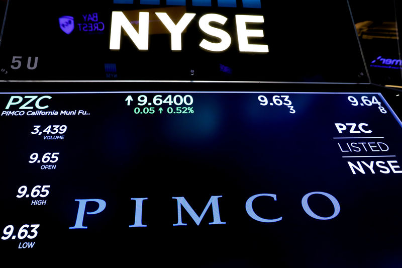 © Reuters. Ticker and trading information for PIMCO are displayed on a screen at NYSE in New York