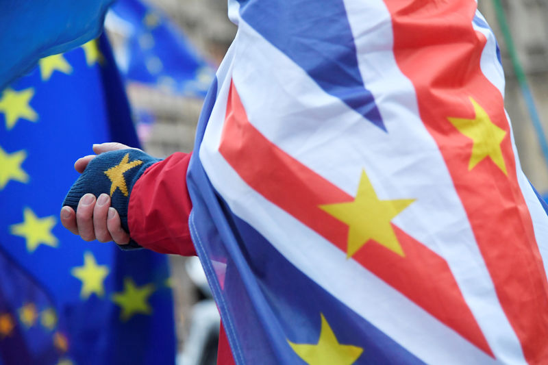 © Reuters. An anti-Brexit demonstrator wears a combination of EU and Union flags outside the Houses of Parliament in London