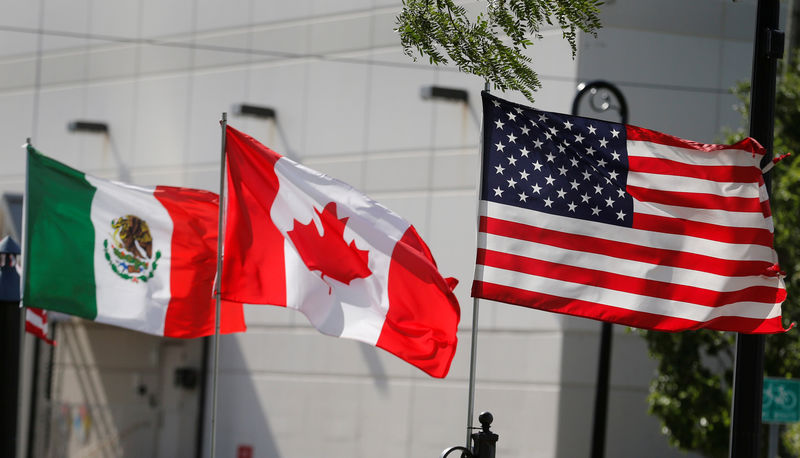 © Reuters. FILE PHOTO: Flags of the U.S., Canada and Mexico fly next to each other in Detroit, Michigan