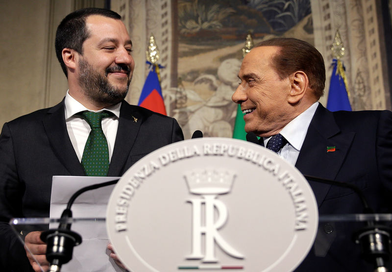 © Reuters. Matteo Salvini e Silvio Berlusconi al Quirinale lo scorso 12 aprile