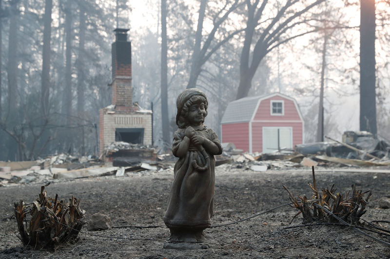 © Reuters. A statue stands in front of a home destroyed by the Camp Fire in Paradise