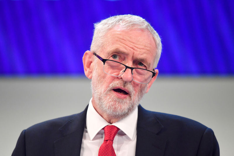 © Reuters. FILE PHOTO: Jeremy Corbyn, leader of the Labour Party, speaks at the Confederation of British Industry's (CBI) annual conference in London