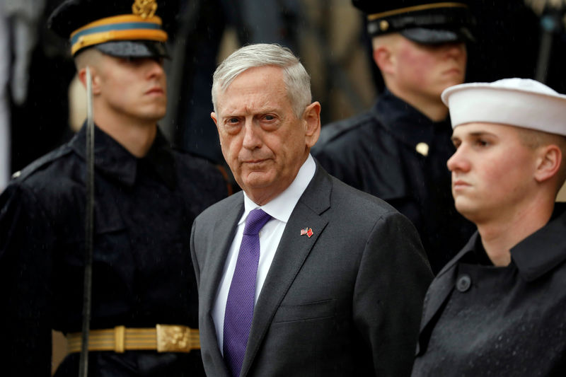 © Reuters. FILE PHOTO: Defense Secretary James Mattis welcomes Chinese Minister of National Defense Gen. Wei Fenghe to the Pentagon