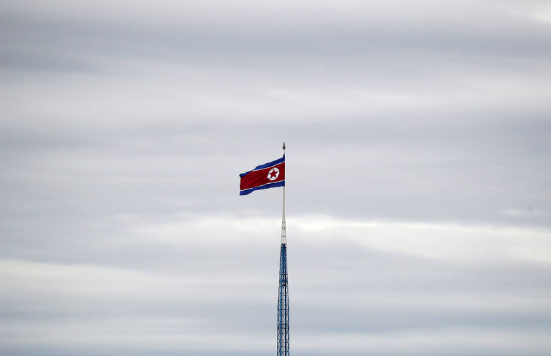 © Reuters. FOTO DE ARCHIVO: Una bandera norcoreana ondea en la parte superior de una torre de 160 metros en el pueblo propagandístico de Gijungdong en Corea del Norte