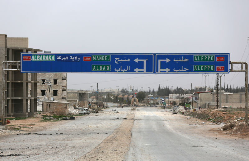 © Reuters. Placa indica direção para cidade de Mabij, na Síria