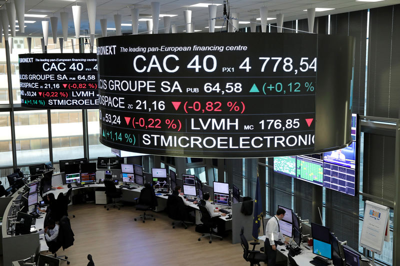 © Reuters. Stock index price for France's CAC 40 and company stock price information are displayed on screens as they hang above the Paris stock exchange, operated by Euronext NV, in La Defense business district in Paris