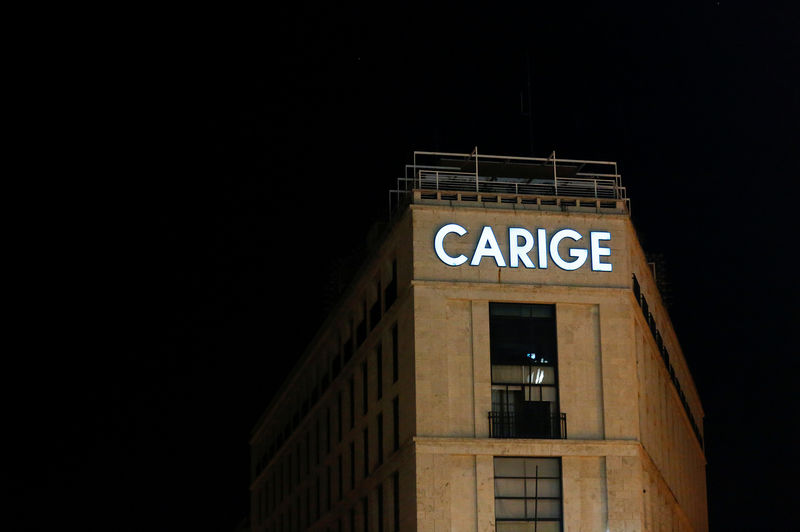 © Reuters. FILE PHOTO: The logo of Carige bank is seen in Rome