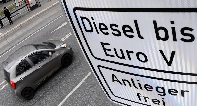 © Reuters. FILE PHOTO: A car passes a traffic sign banning diesel cars on the Stresemannstrasse in downtown Hamburg