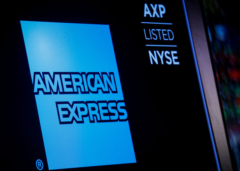 © Reuters. American Express logo and trading symbol are displayed on a screen at the NYSE in New York