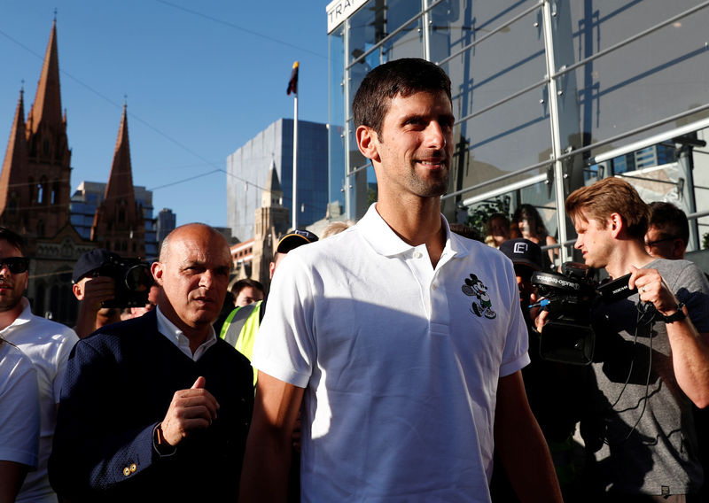 © Reuters. Serbia's Novak Djokovic arrives to attend a publicity event in Melbourne, Australia