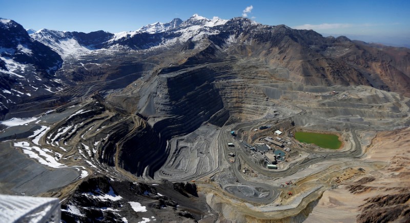 © Reuters. FILE PHOTO: An aerial view of open pits of CODELCO's Andina and Anglo American's Los Bronces copper mines with Olivares glaciers in the background at Los Andes Mountain range
