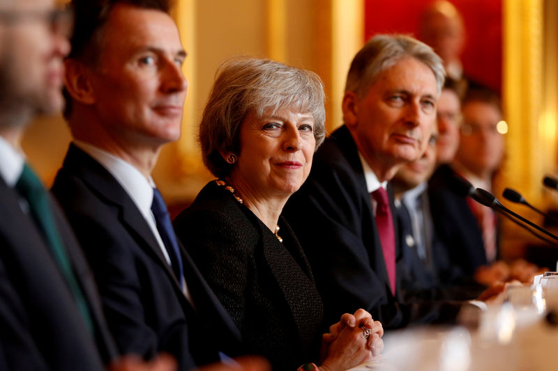 © Reuters. FILE PHOTO: Britain's Prime Minister Theresa May sits with members of her cabinet during the UK-Poland Inter-Governmental Consultations at Lancaster House in central London