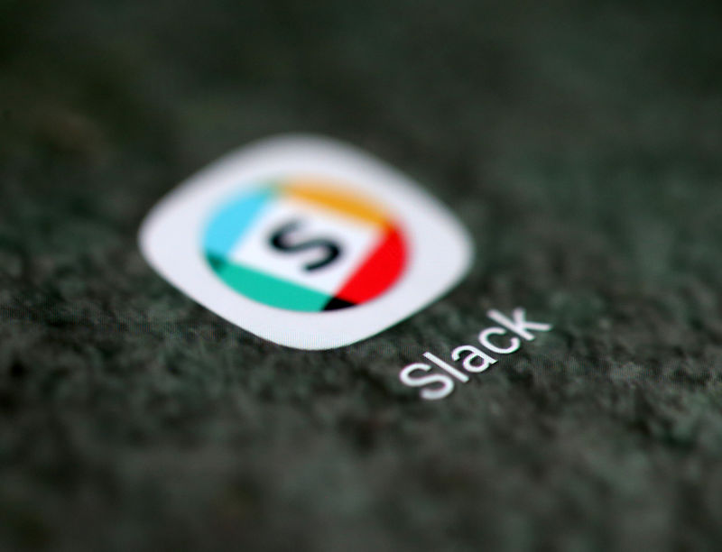 © Reuters. The Slack app logo is seen on a smartphone in this illustration