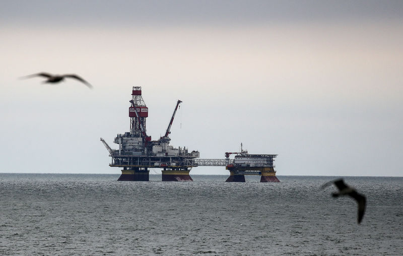 © Reuters. Aves passam por plataforma de petróleo operada pela empresa Lukoil no campo de petróleo de Filanovskogo, no Mar Cáspio