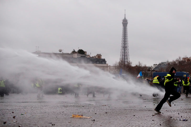 © Reuters. الشرطة تستخدم مدافع المياه والغاز المسيل للدموع لتفريق محتجي السترات الصفراء في باريس