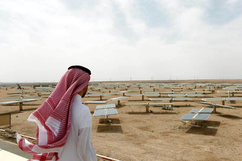 © Reuters. FILE PHOTO: Saudi man looks at the solar plant in Uyayna, north of Riyadh