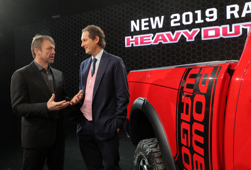 © Reuters. FCA's Manley and Elkann speaks at the North American International Auto Show in Detroit, Michigan