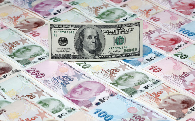© Reuters. FILE PHOTO: A picture illustration shows a 100 Dollar banknote laying on various denomination Turkish lira banknotes, taken in Istanbul