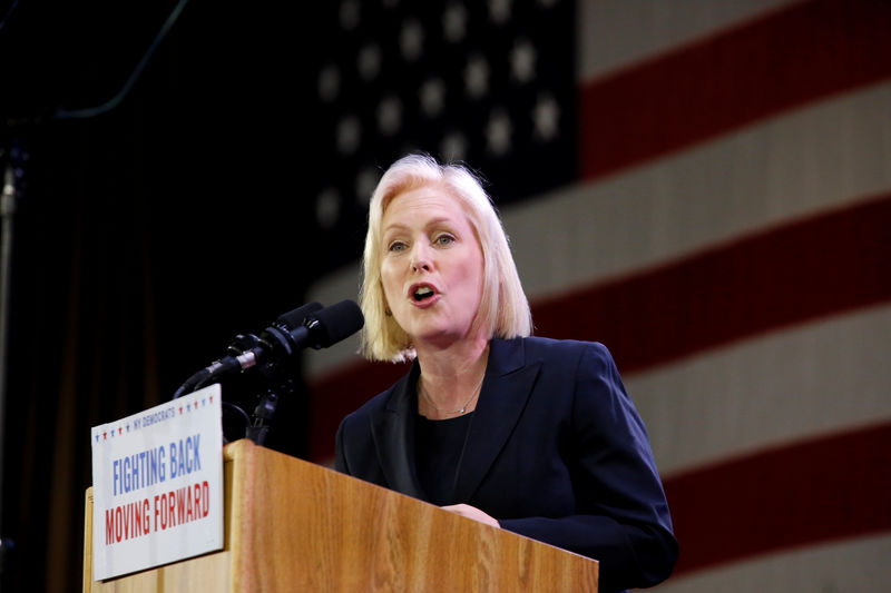 © Reuters. Democratic senator Kirsten Gillibrand addresses the crowd after news of her reelection at the midterm election night party in New York City