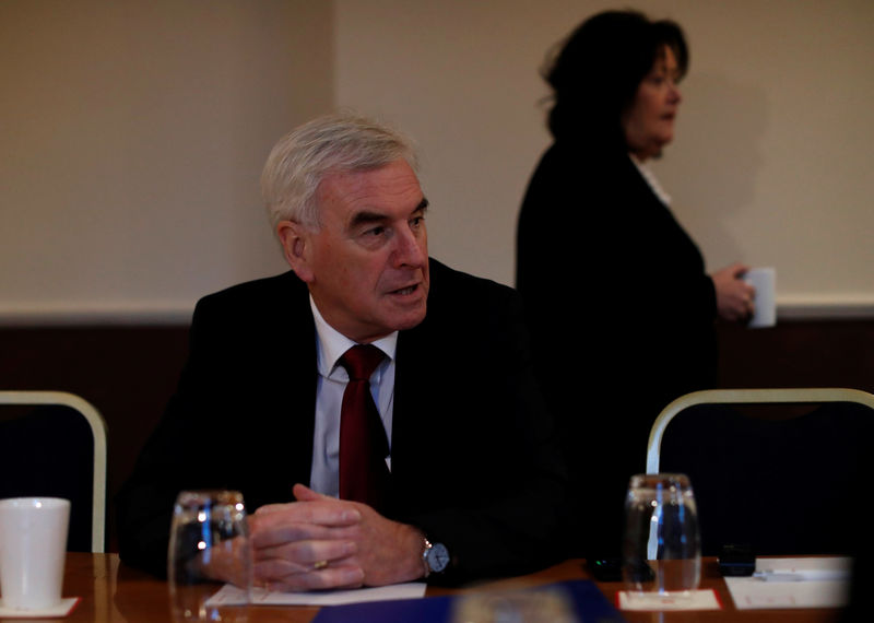 © Reuters. FILE PHOTO: Britain's Shadow Chancellor of the Exchequer John McDonnell takes part in a Q&A with the media in Glasgow, Scotland