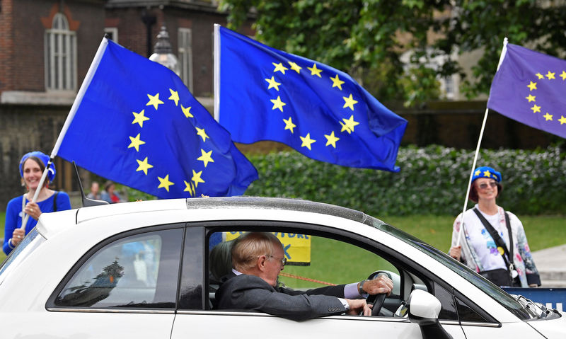 © Reuters. A motorist views anti-Brexit protestors outside of the Houses of Parliament in London, Britain