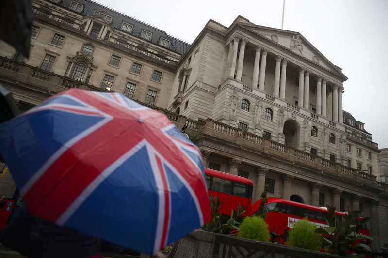 © Reuters. A pedestrian shelters under an umbrella in front of the Bank of England, in London