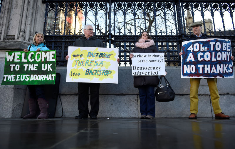 © Reuters. Pro-Brexit protesters demonstrate outside the Houses of Parliament in London