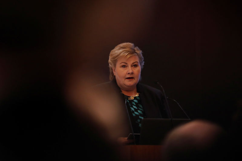 © Reuters. Norway's Prime Minister Erna Solberg speaks during India-Norway Business Conference in New Delhi