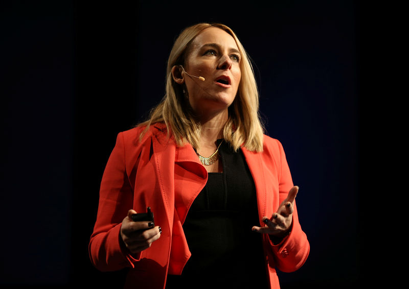 © Reuters. FILE PHOTO:  April Underwood, Vice President of Product at Slack, talks during the business messaging company's event in San Francisco