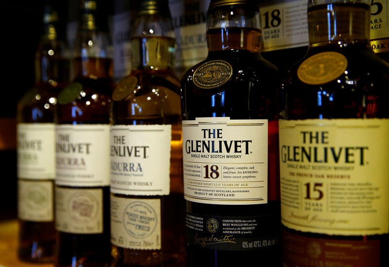 © Reuters. FILE PHOTO: Bottles of single malt scotch whisky The Glenlivet, part of the Pernod Ricard group, are pictured in a shop near Lausanne