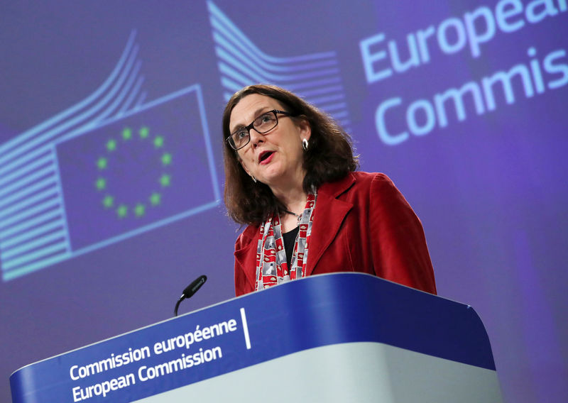 © Reuters. EU Trade Commissioner Malmstroem holds a news conference about EU-U.S. trade relations in Brussels
