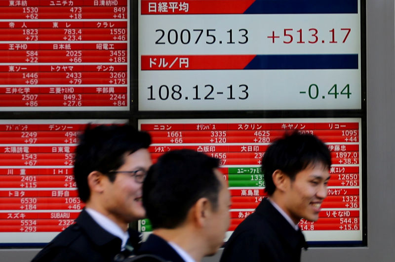 © Reuters. Pedestrians walk past electronic board showing the Nikkei stock index outside a brokerage in Tokyo