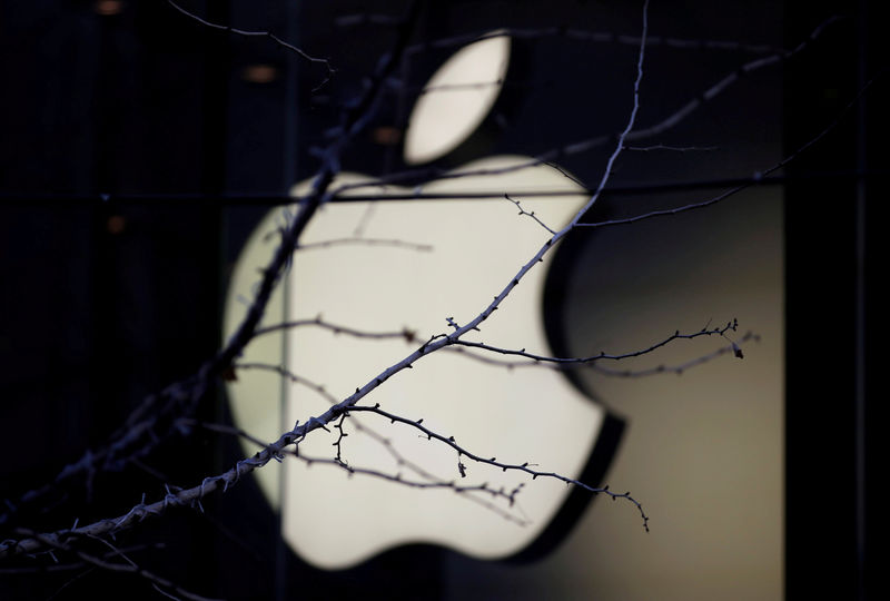 © Reuters. FILE PHOTO: An Apple company logo is seen behind tree branches outside an Apple store in Beijing