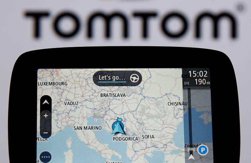 © Reuters. TomTom navigation are seen in front of TomTom displayed logo in this illustration taken