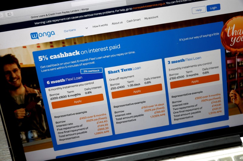 © Reuters. FILE PHOTO: The website of Wonga.com is seen on a computer screen in London in this picture illustration