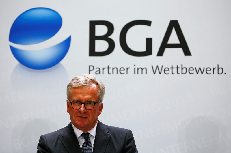 © Reuters. Holger Bingmann, head of the Federation of German Wholesalers and Retailers (BGA) gives a speech during an event in Berlin