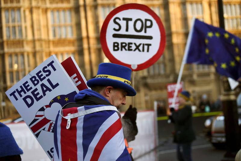 © Reuters. FILE PHOTO: An anti-Brexit protester walks outside the Houses of Parliament in London