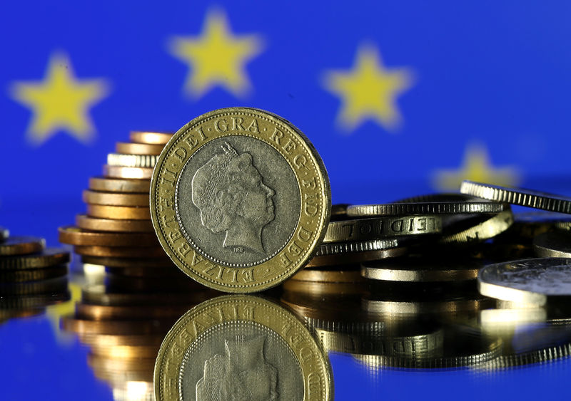 © Reuters. Pound coins are seen in front of a displayed EU flag in this picture illustration