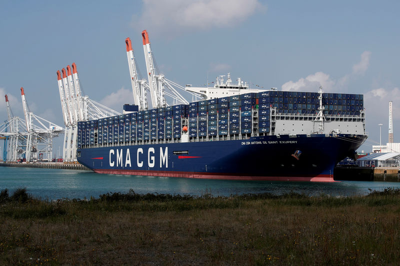 © Reuters. FILE PHOTO: The CMA CGM Antoine de Saint Exupery container ship sits docked during its official inauguration in Le Havre