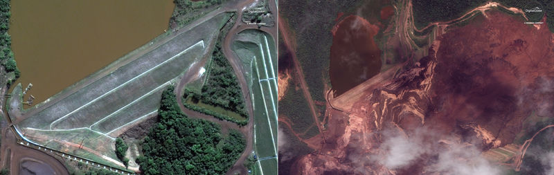 © Reuters. Imagens de satélite de antes e depois de barragem da Vale em Brumadinho que rompeu na semana passada