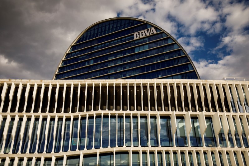 © Reuters. FILE PHOTO - The headquarters of the Spanish bank BBVA are seen in Madrid