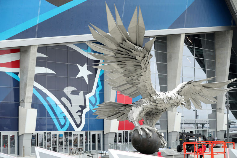 © Reuters. FILE PHOTO: The Atlanta Falcon's statue is shown next to Super Bowl LIII banners at Mercedes-Benz Stadium in Atlanta