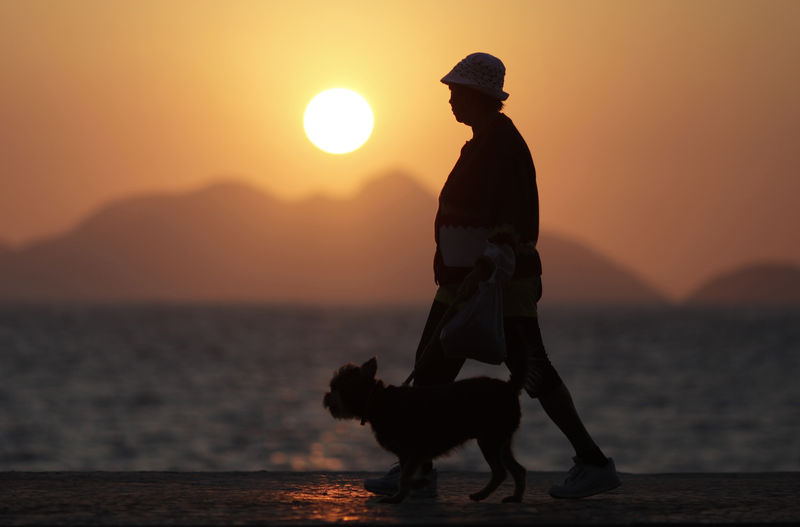 © Reuters. An elderly lady walks with her dog in Copacabana in Rio de Janeiro