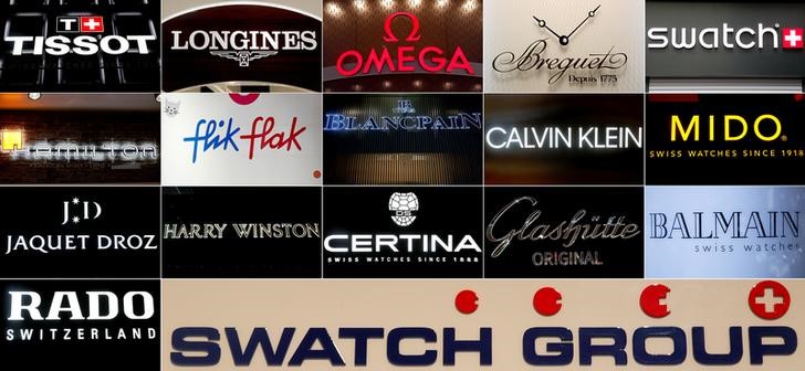 © Reuters. A combination of pictures shows logos of watch brands of Swiss Swatch Group at the Baselworld watch and jewellery fair in Basel